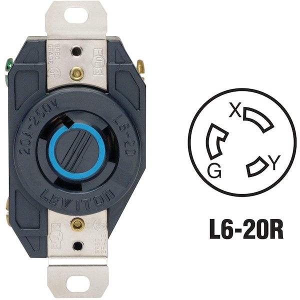 Locking Receptacle, L6-20R, 20 A, 250V AC, Black